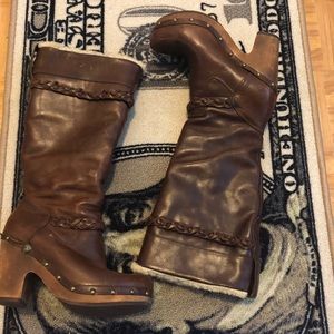 Brown leather tall UGG boots with heel